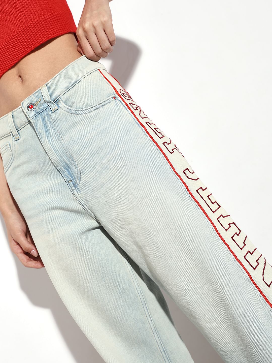 Light Blue Side Panel Logo Print Wide Leg Jeans
