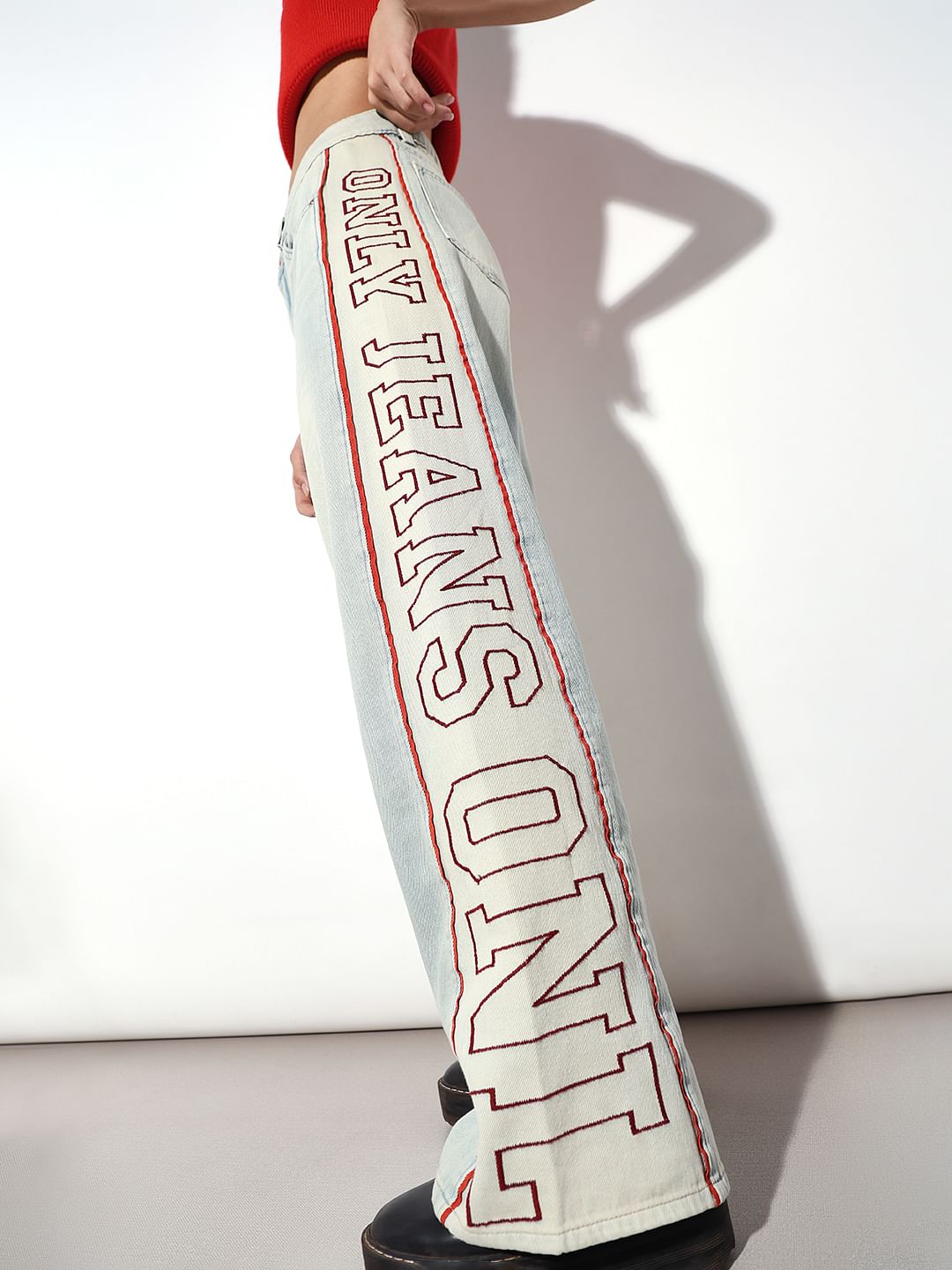 Light Blue Side Panel Logo Print Wide Leg Jeans