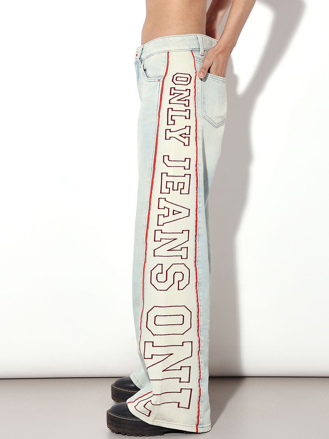 Light Blue Side Panel Logo Print Wide Leg Jeans