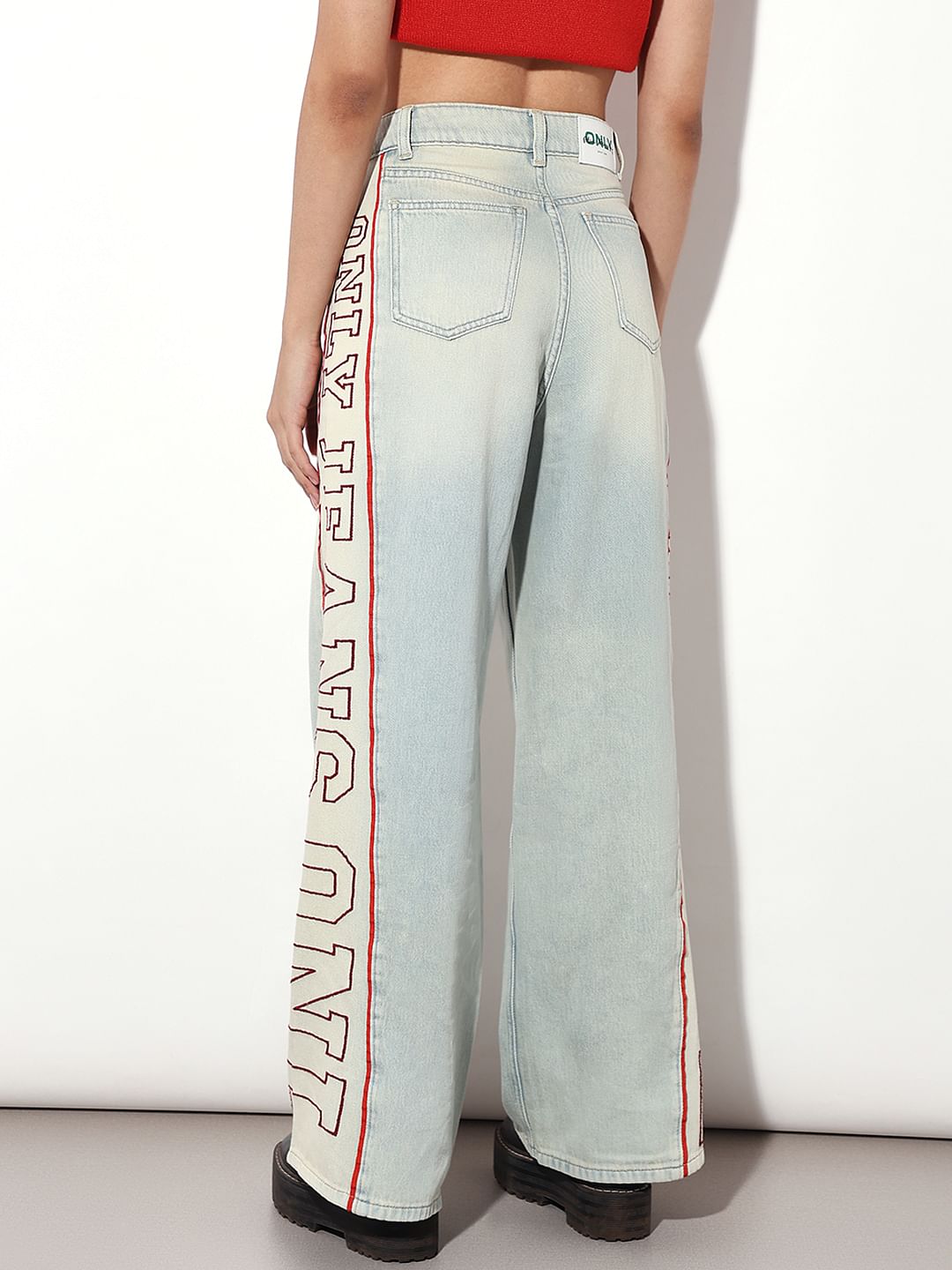 Light Blue Side Panel Logo Print Wide Leg Jeans