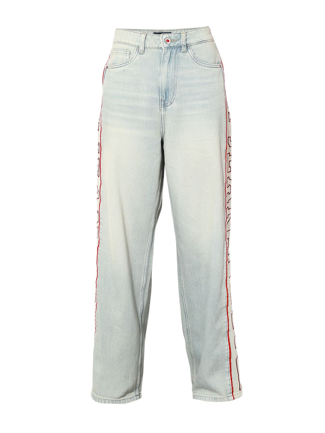 Light Blue Side Panel Logo Print Wide Leg Jeans