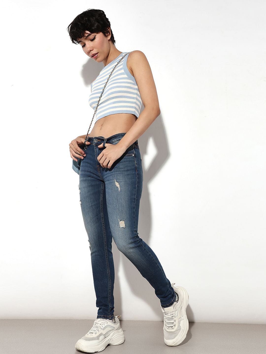 Blue High Rise Distressed Skinny Jeans
