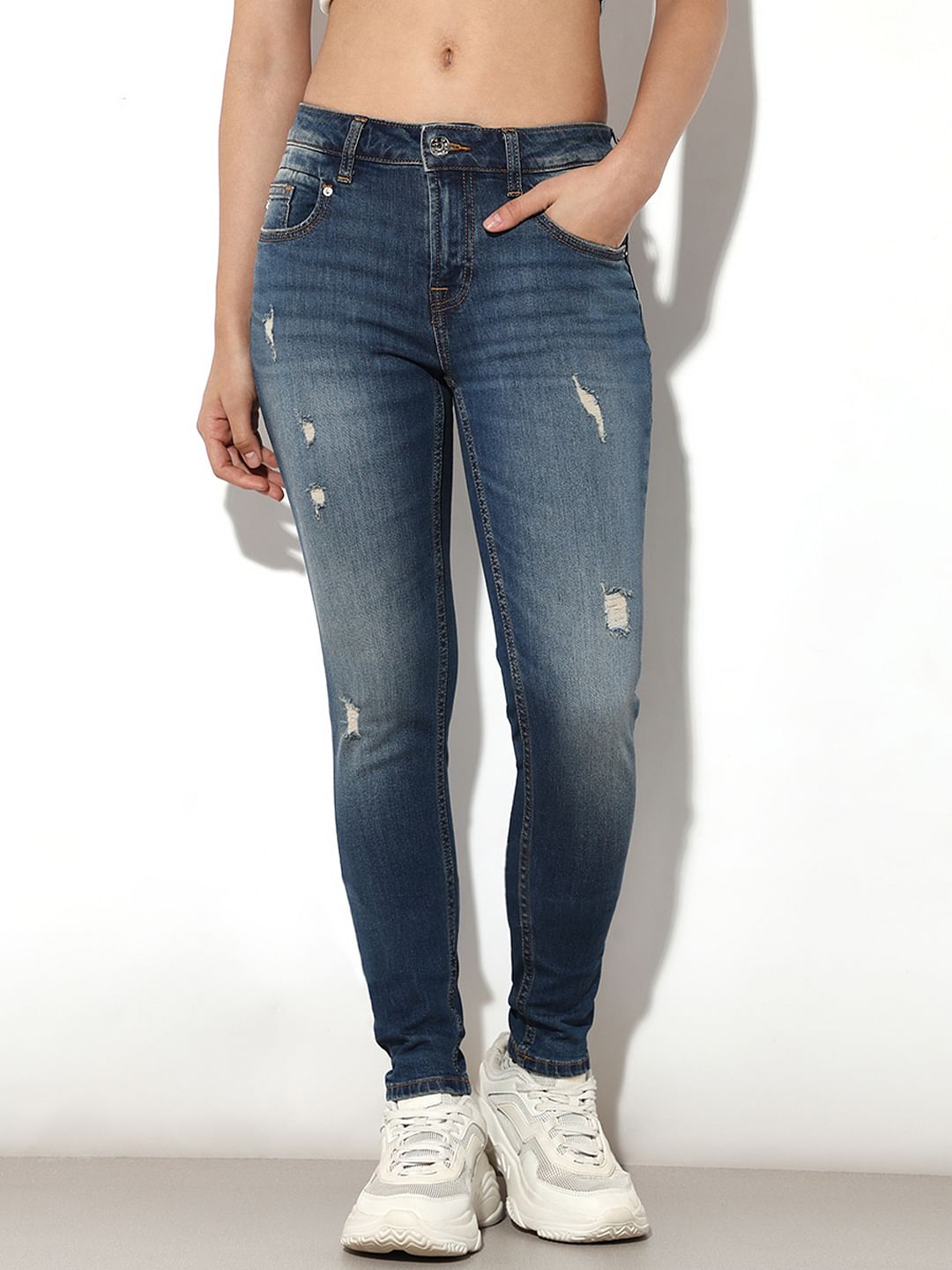 Blue High Rise Distressed Skinny Jeans