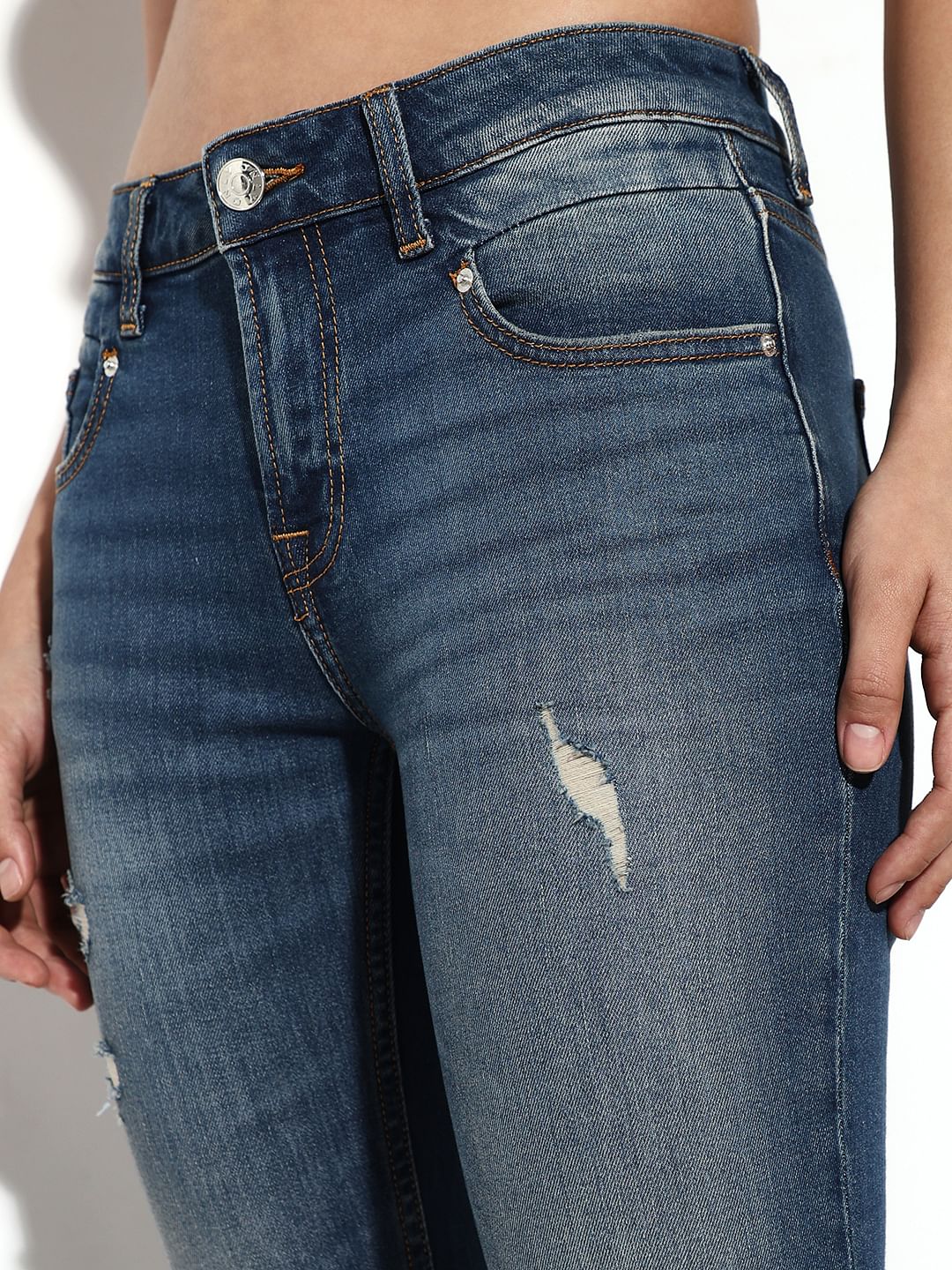 Blue High Rise Distressed Skinny Jeans