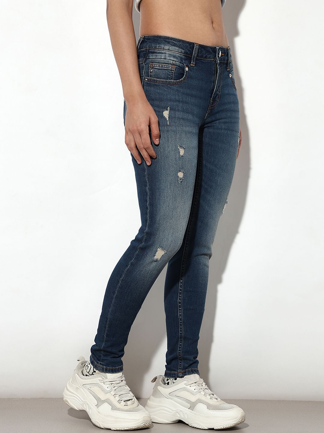 Blue High Rise Distressed Skinny Jeans