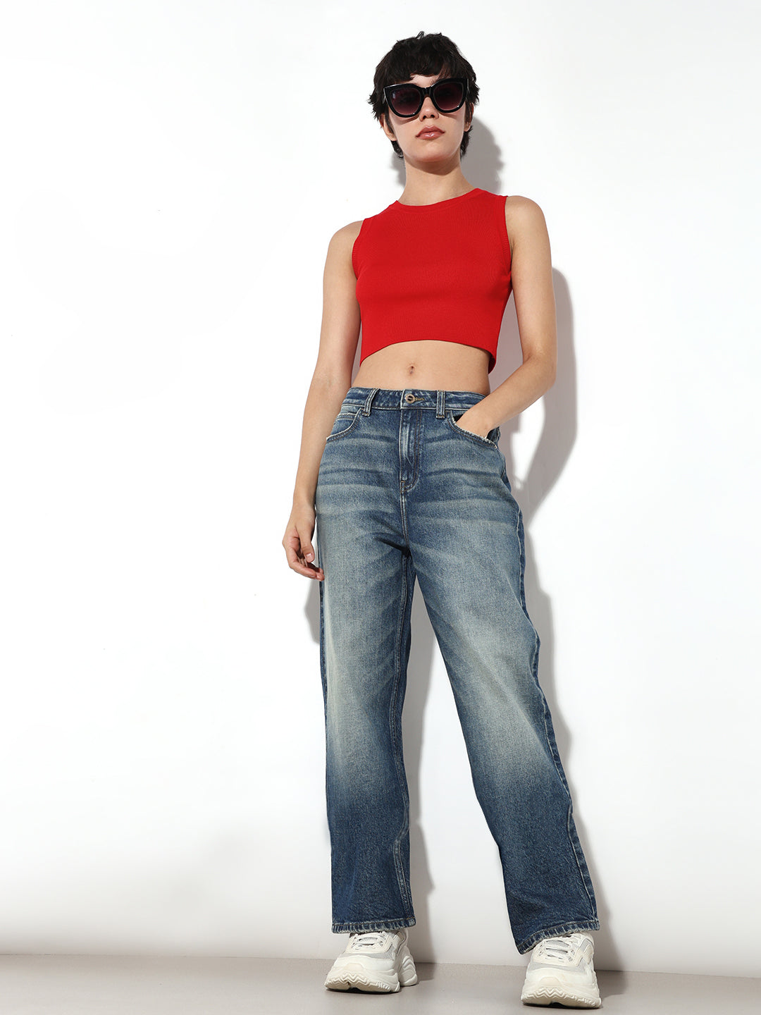 Dark Blue Mid Rise Straight Fit Jeans