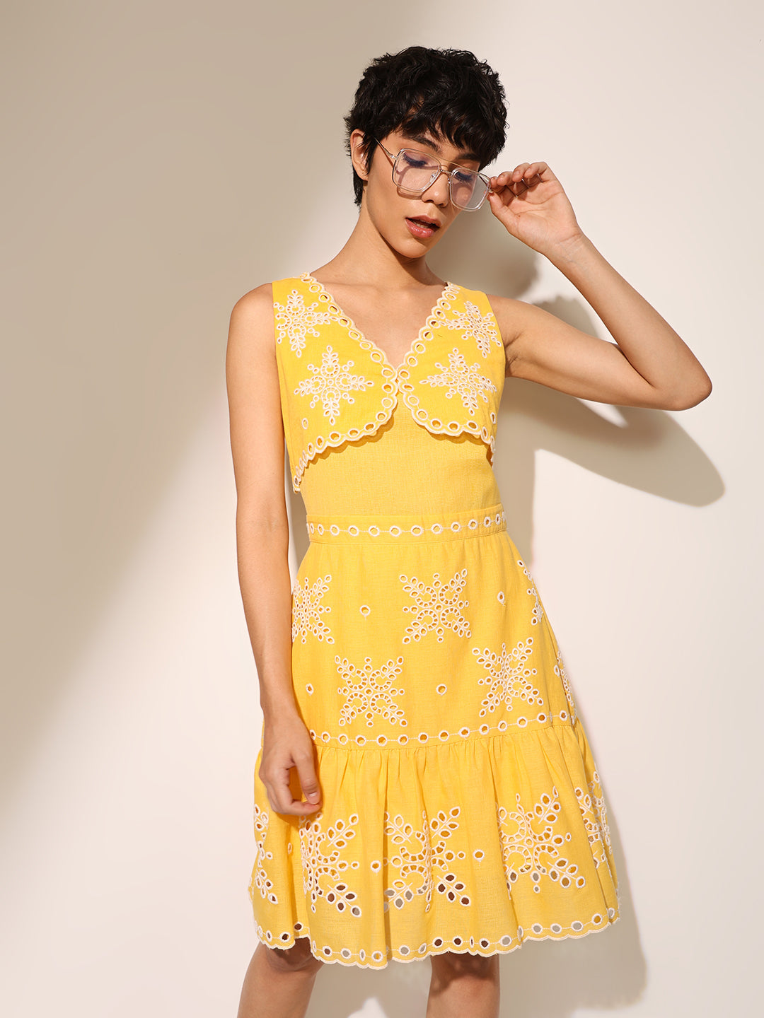 ONLY Yellow Cut-Work Embroidered Dress ONLY Yellow Cut-Work Embroidered Dress