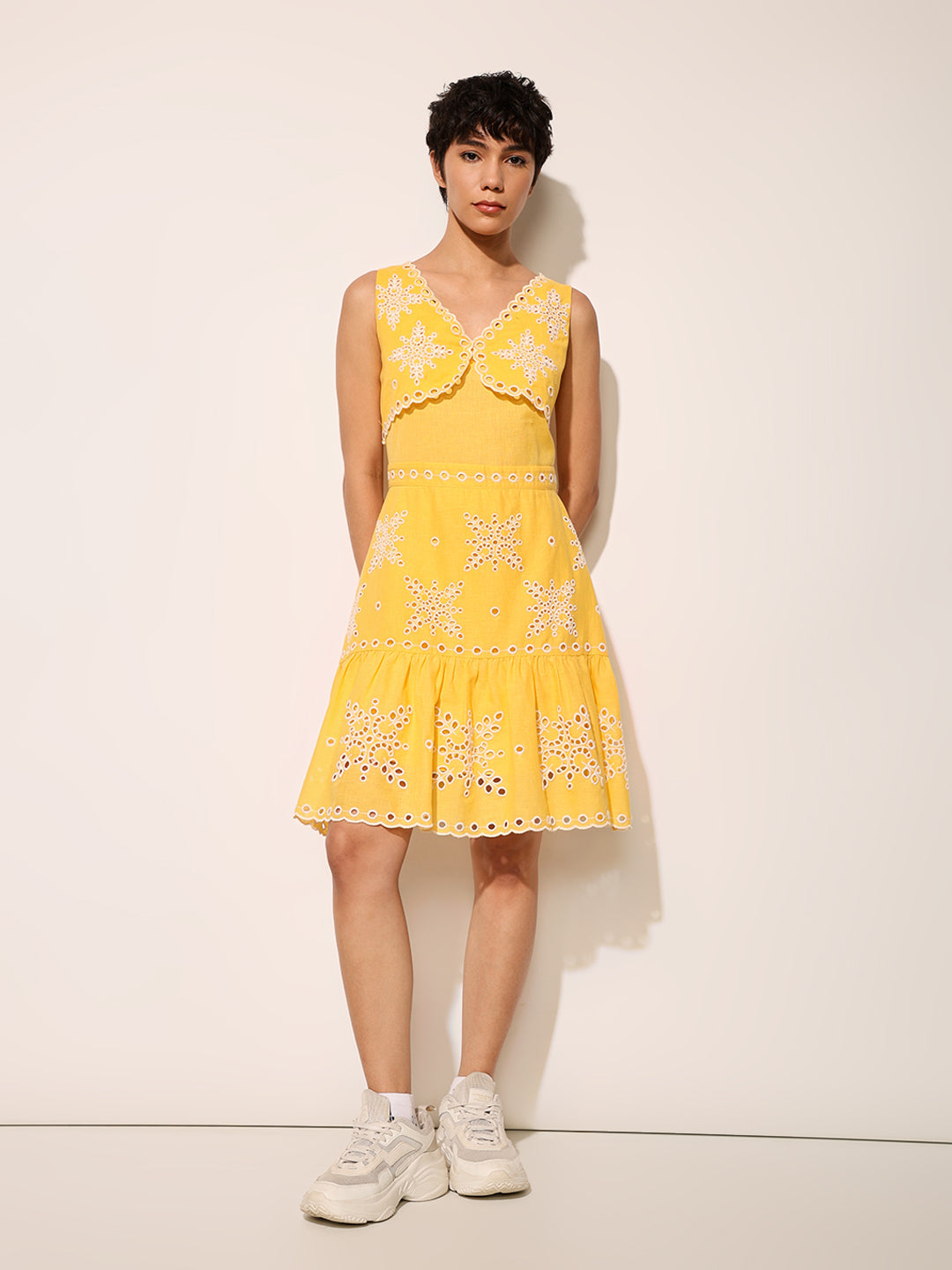 Yellow Cut-Work Embroidered Dress