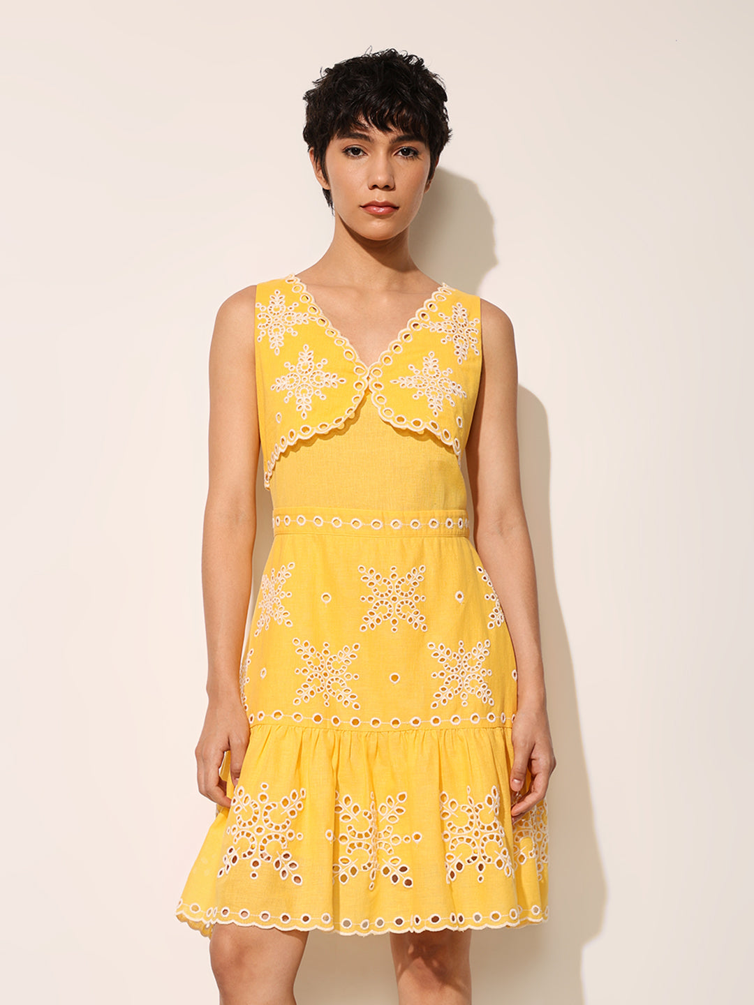 Yellow Cut-Work Embroidered Dress