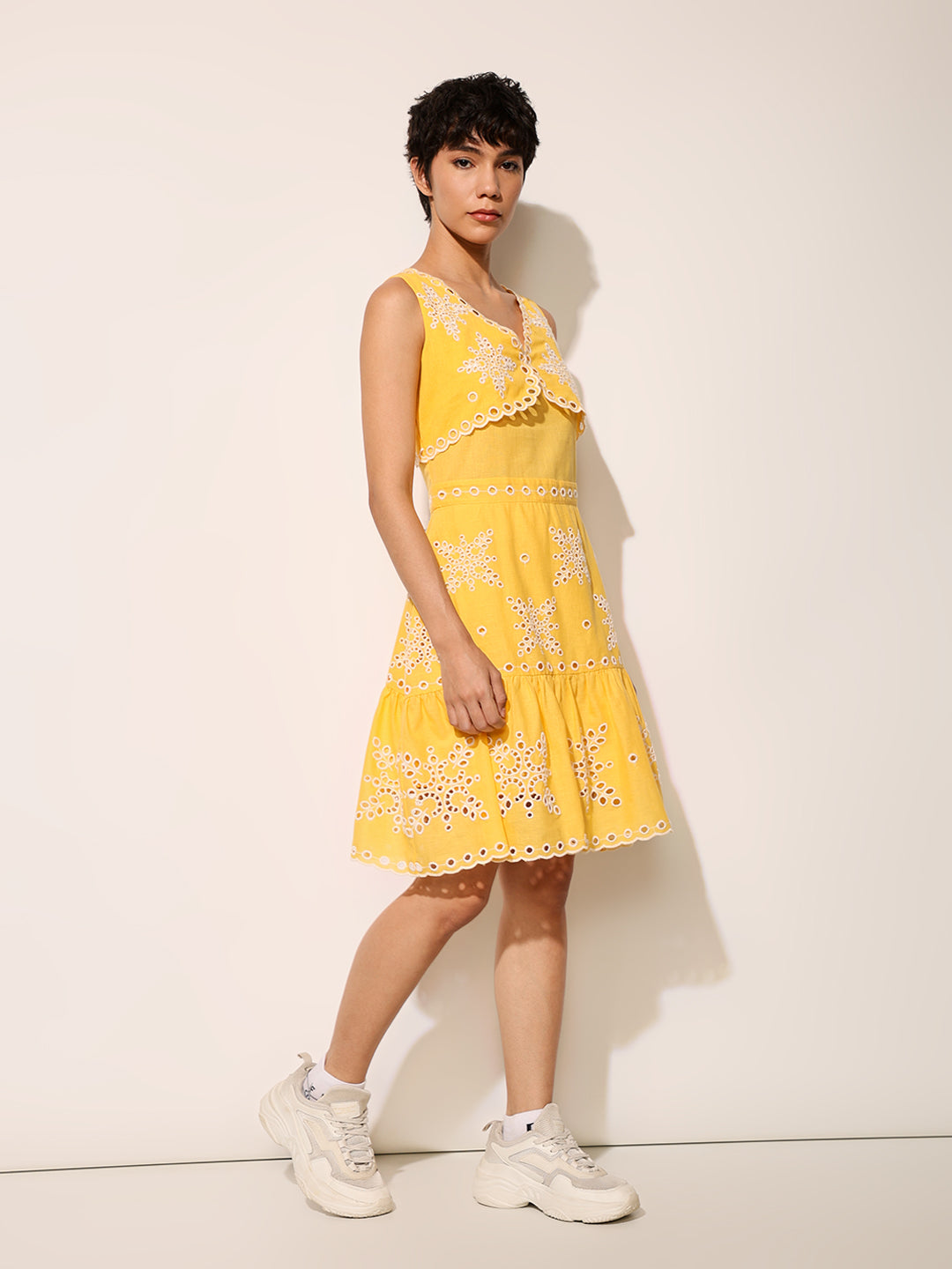 Yellow Cut-Work Embroidered Dress