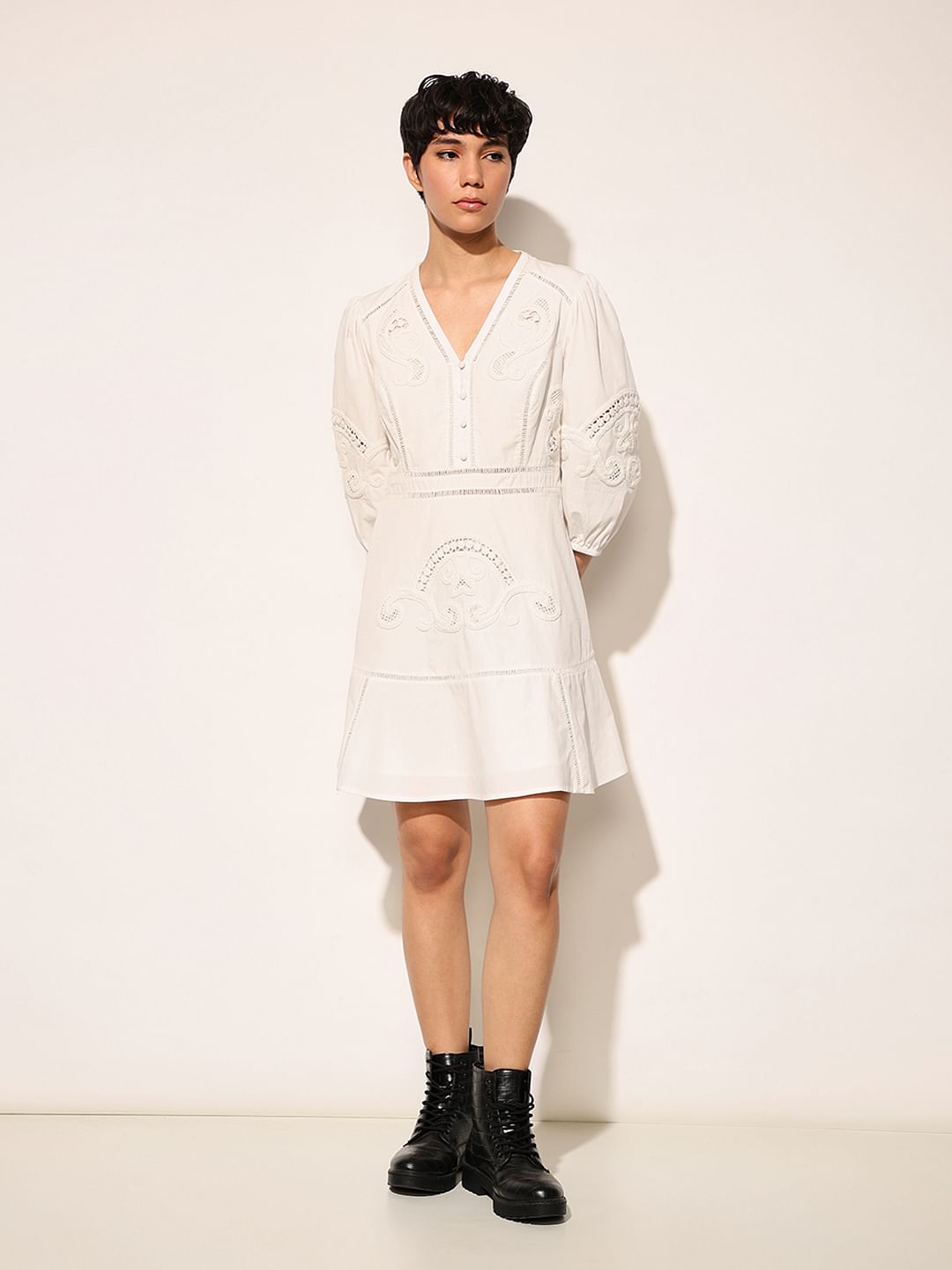 White Schiffli Embroidered Mini Dress