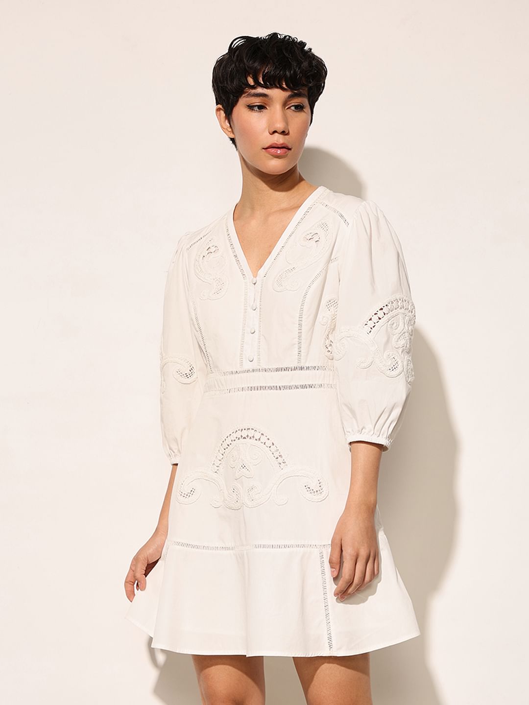 White Schiffli Embroidered Mini Dress