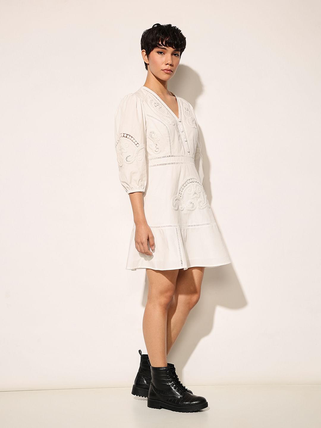 White Schiffli Embroidered Mini Dress