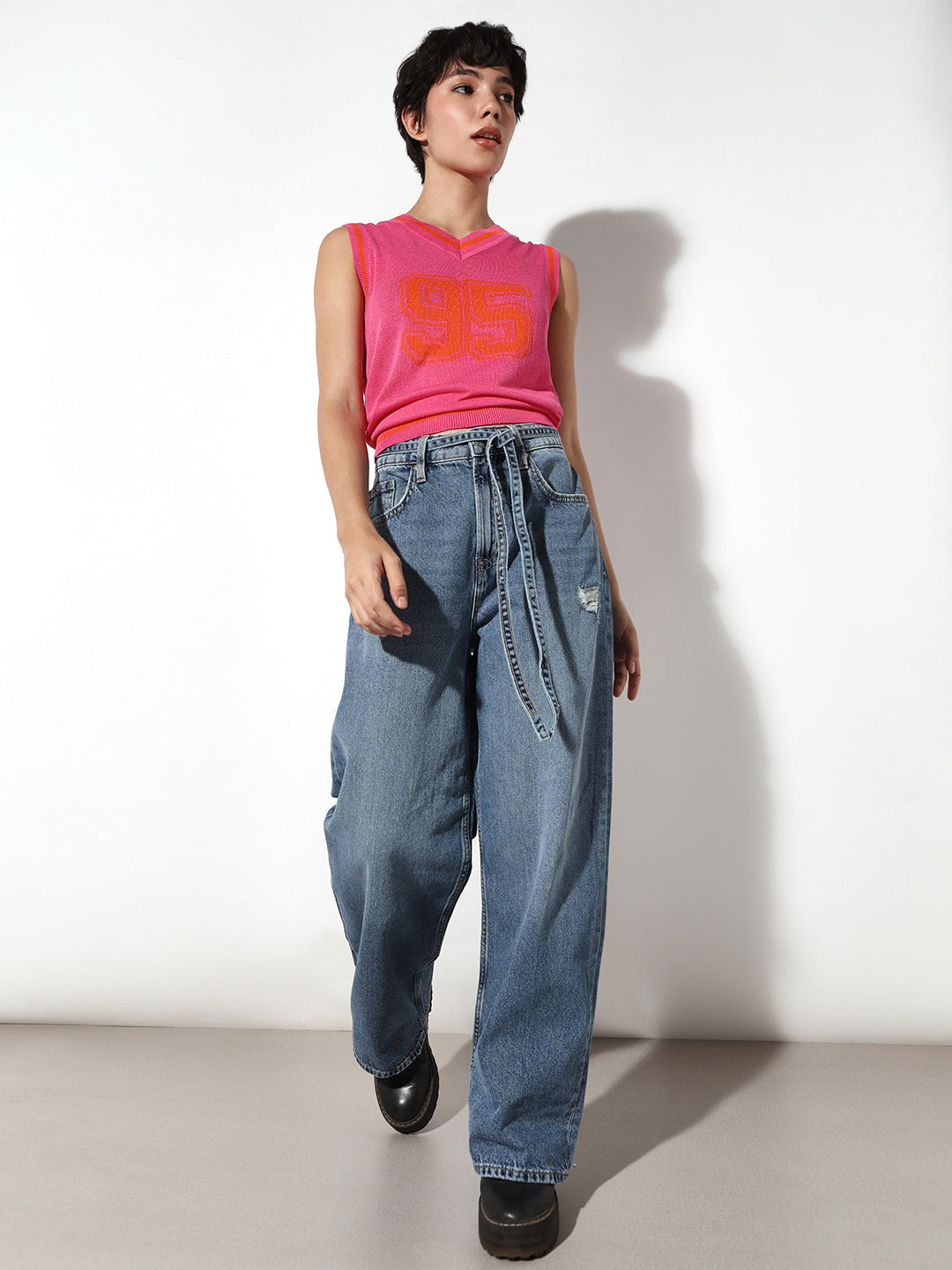 Blue Mildly Distressed Wide Leg Jeans