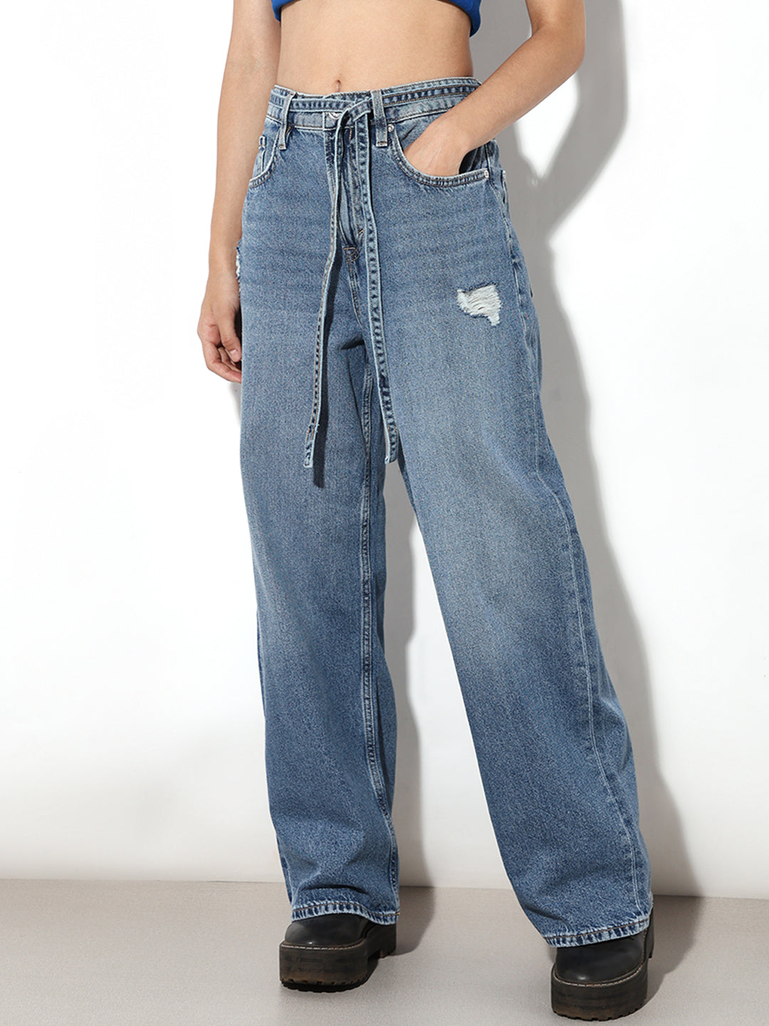 Blue Mildly Distressed Wide Leg Jeans