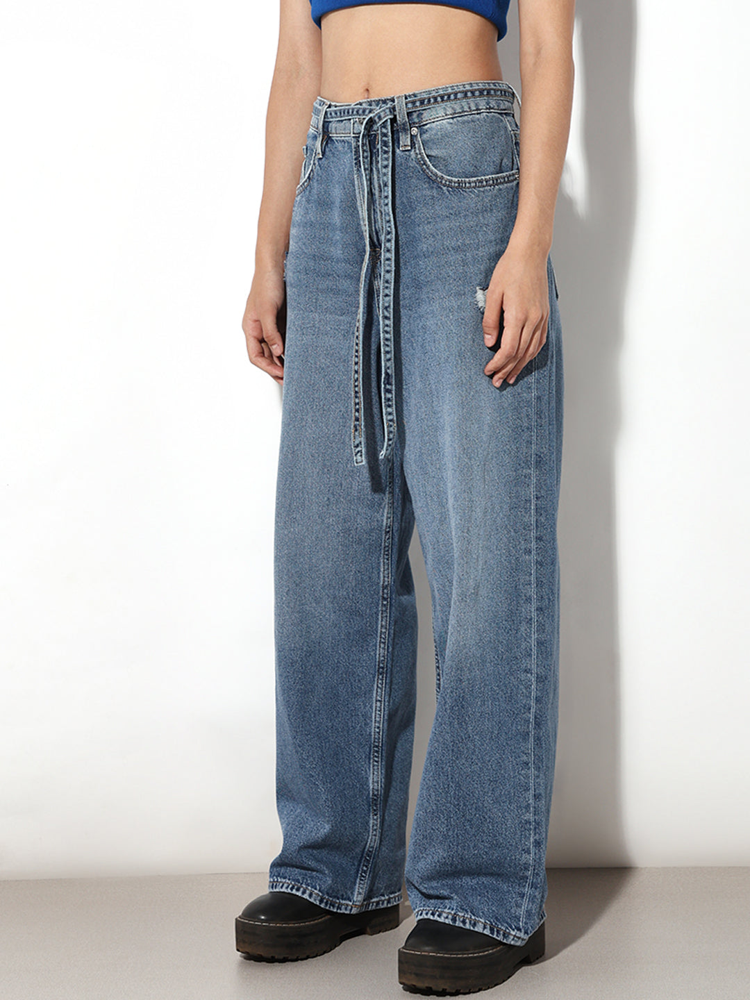 Blue Mildly Distressed Wide Leg Jeans
