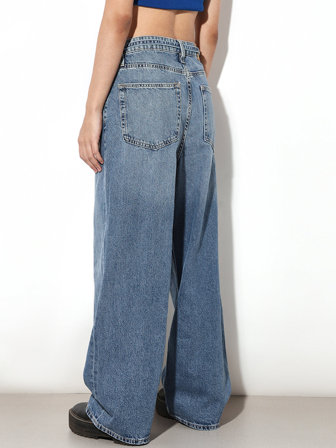 Blue Mildly Distressed Wide Leg Jeans