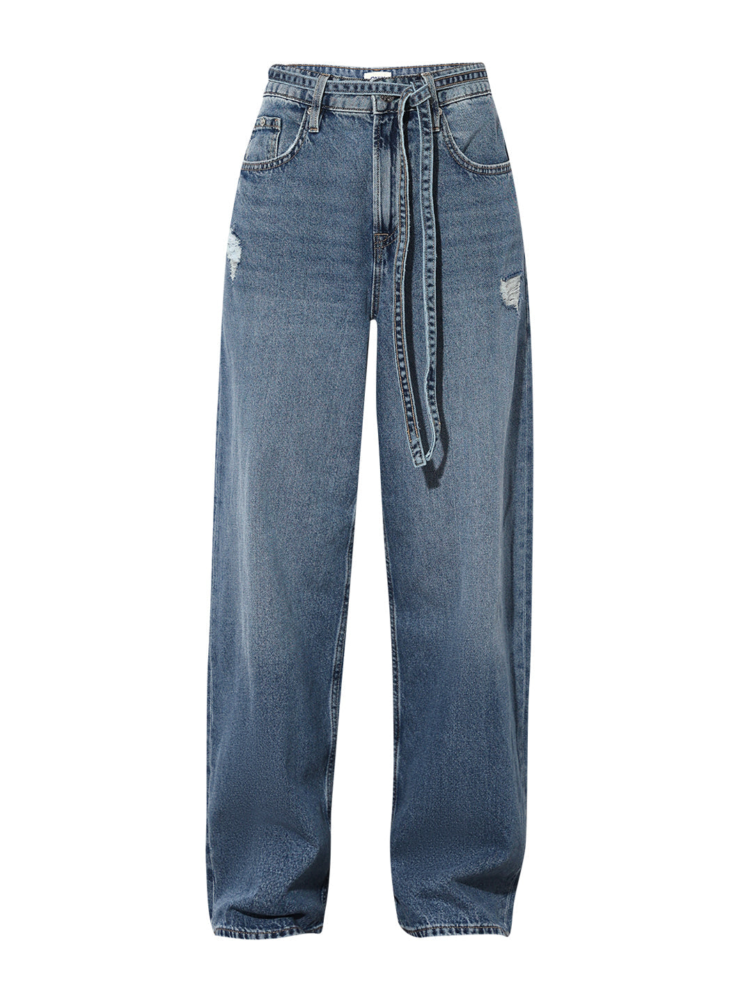 Blue Mildly Distressed Wide Leg Jeans