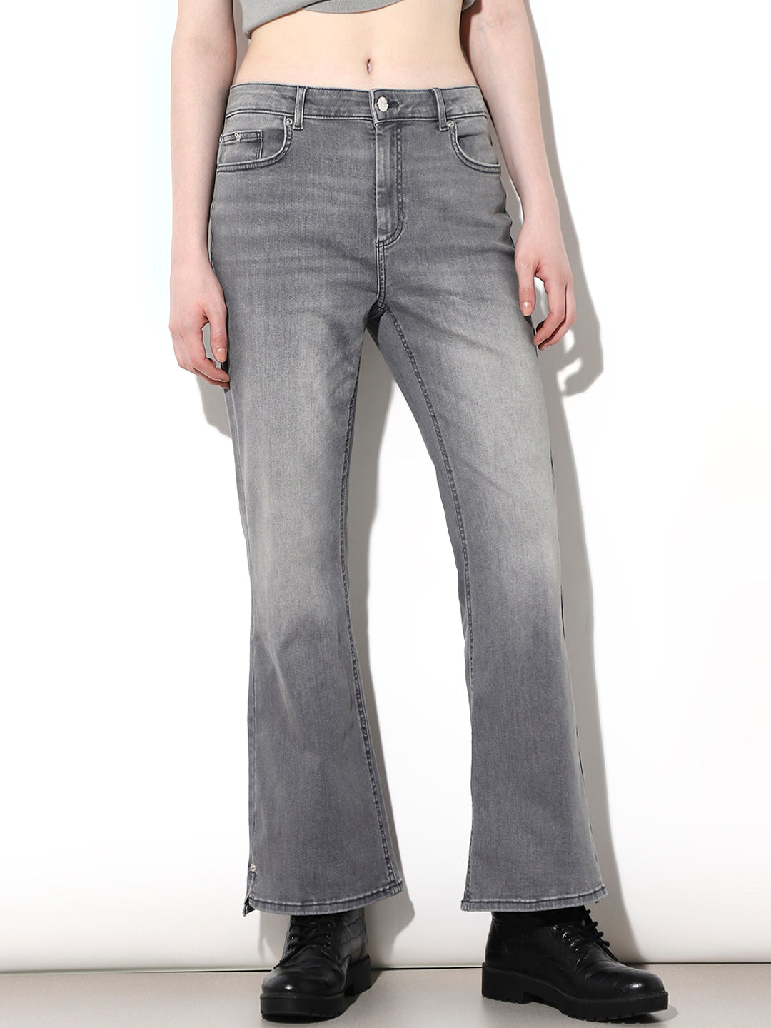 Light Grey Mid Rise Flared Jeans