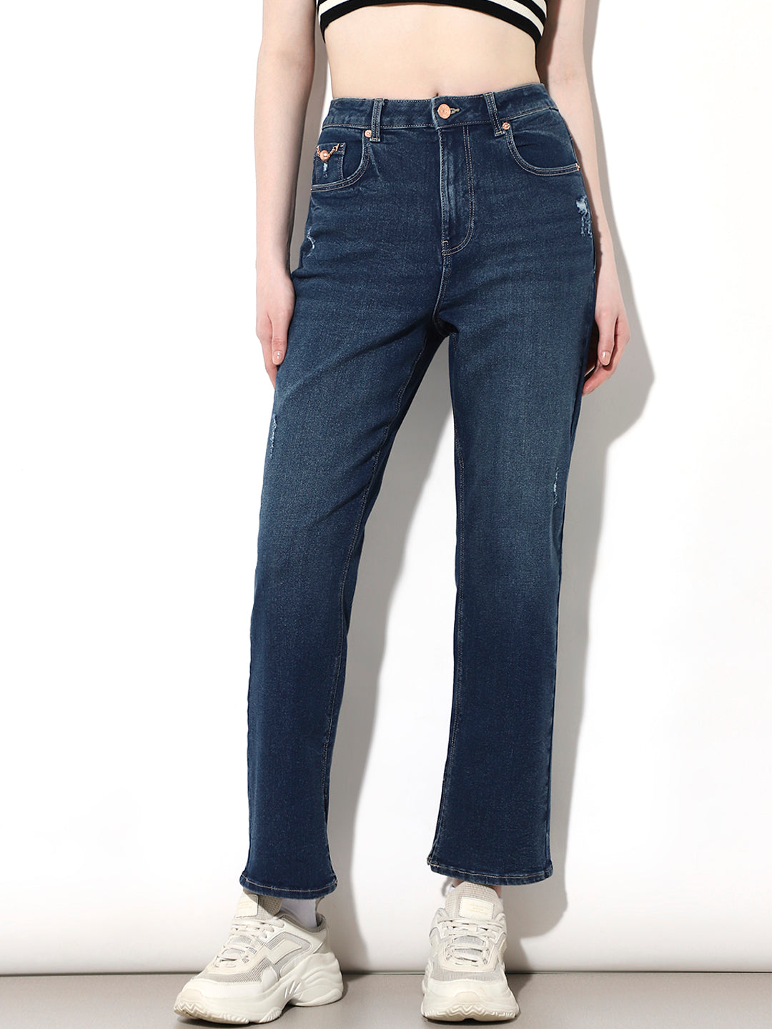 Dark Blue High Rise Straight Fit Jeans