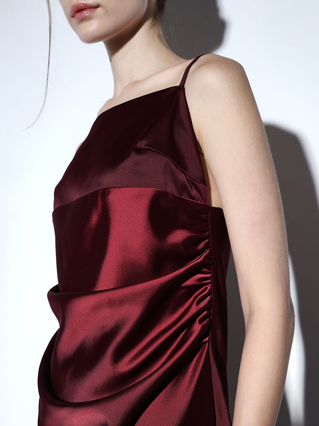 Maroon Satin Strappy Maxi Dress