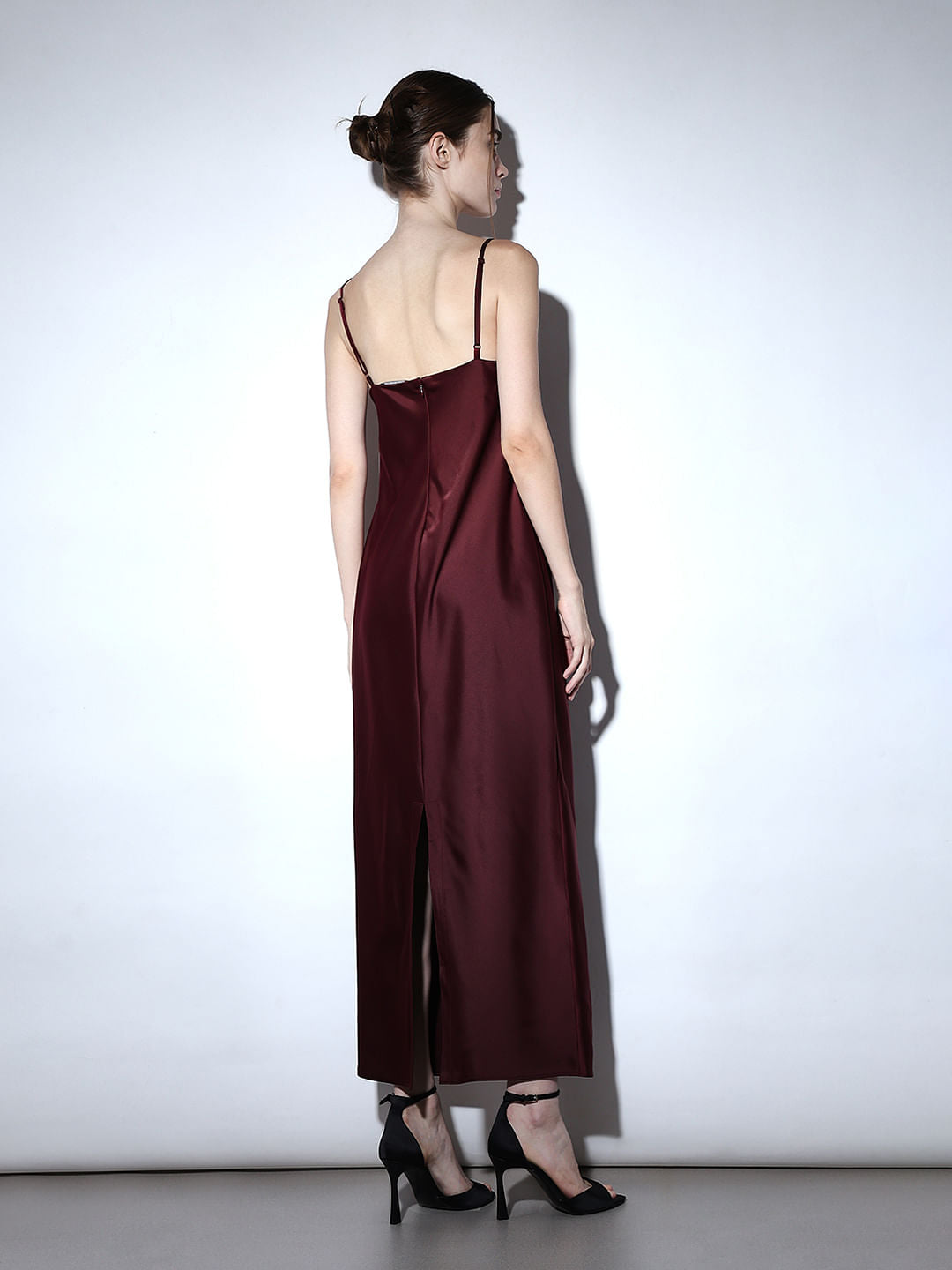 Maroon Satin Strappy Maxi Dress