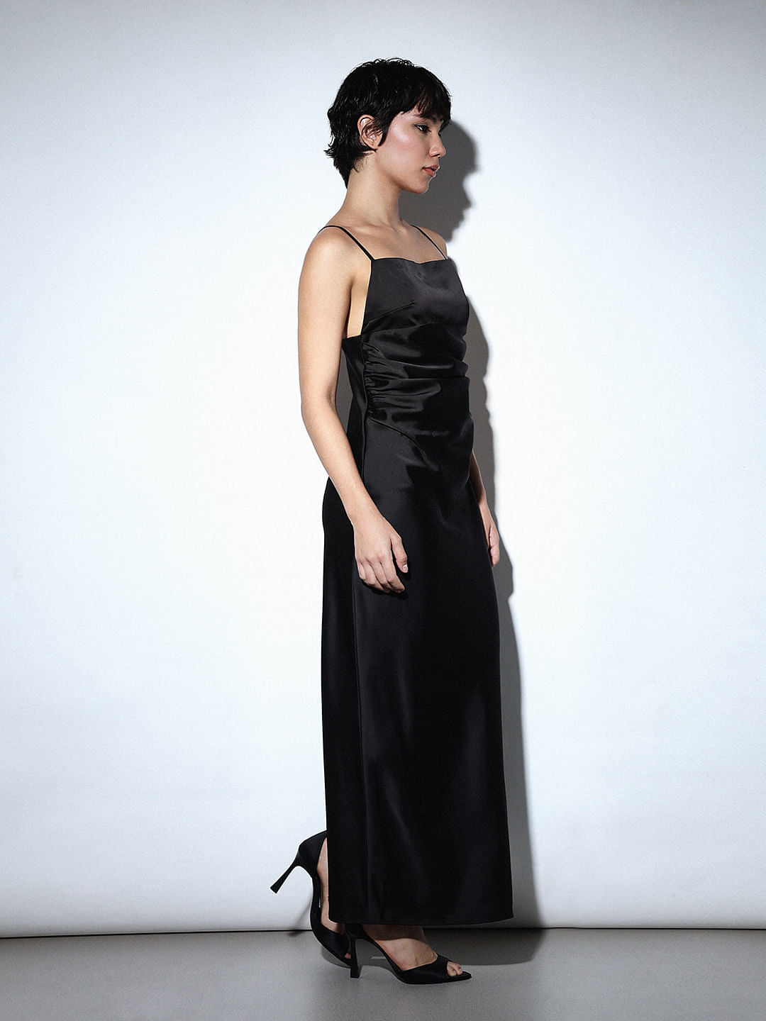 Black Satin Strappy Maxi Dress