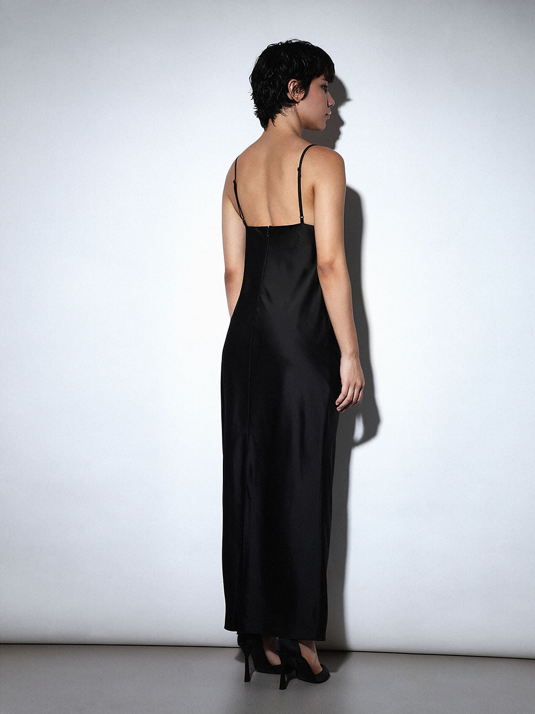 Black Satin Strappy Maxi Dress