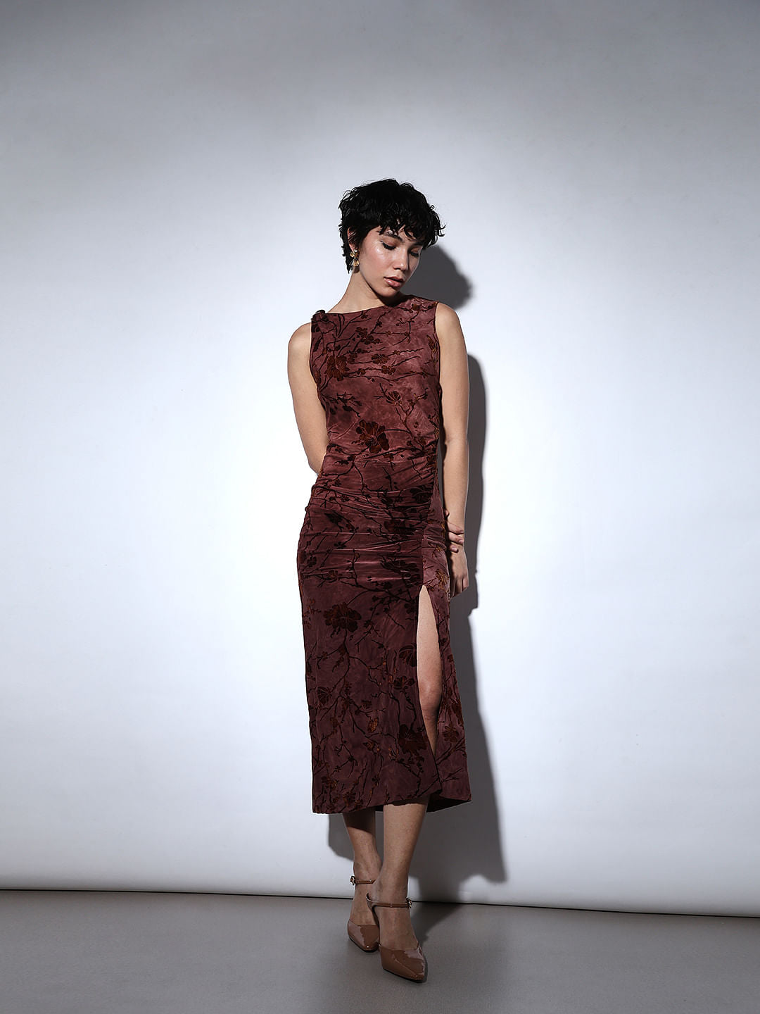Brown Printed High Slit Velour Dress