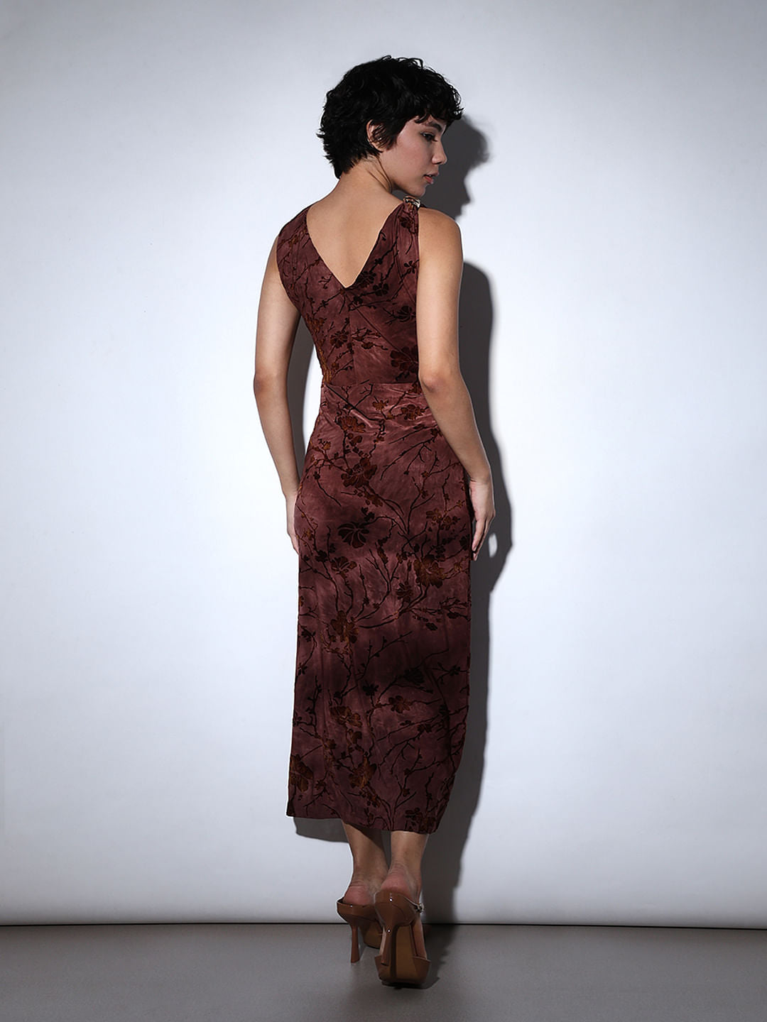 Brown Printed High Slit Velour Dress
