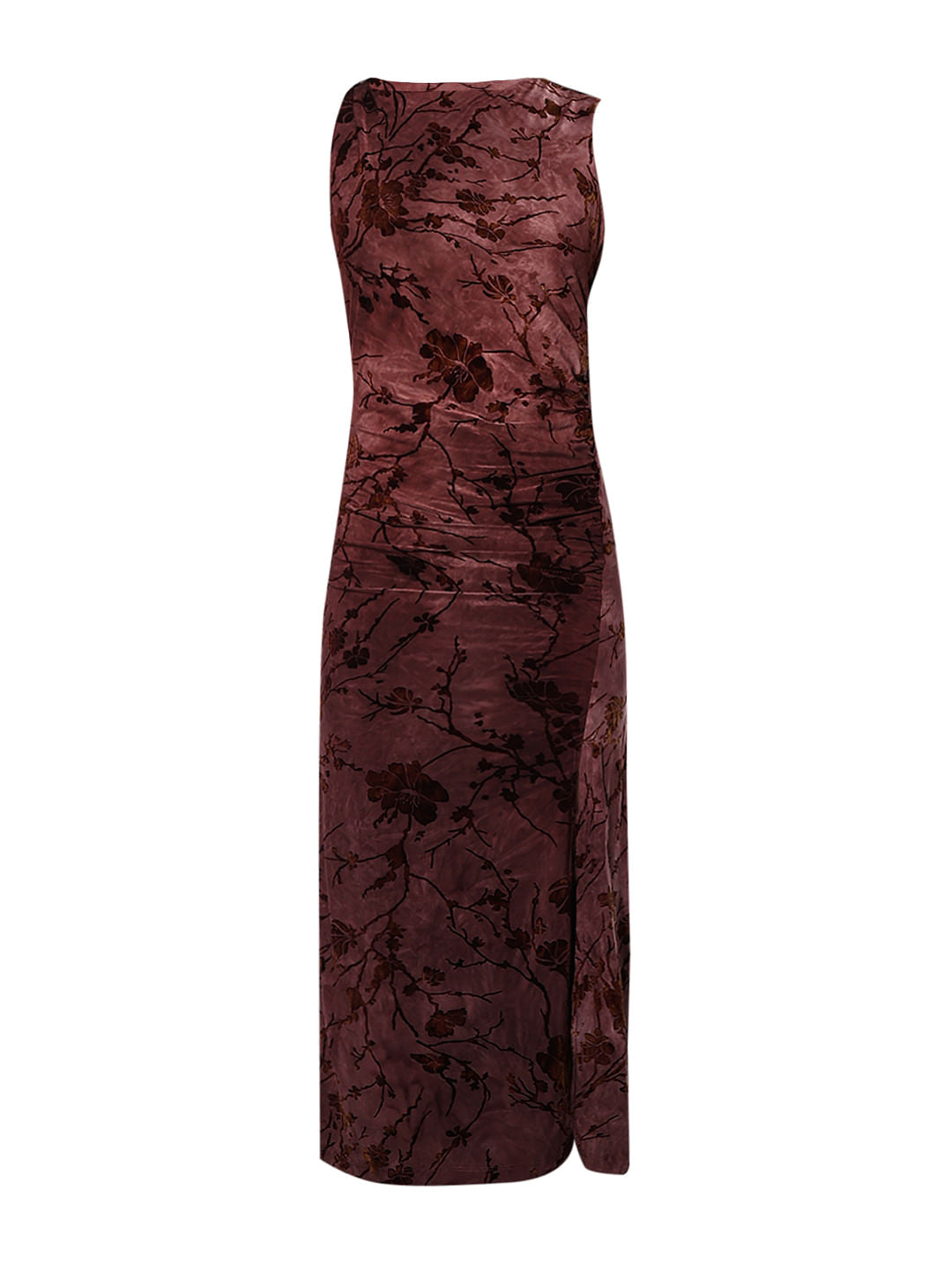 Brown Printed High Slit Velour Dress