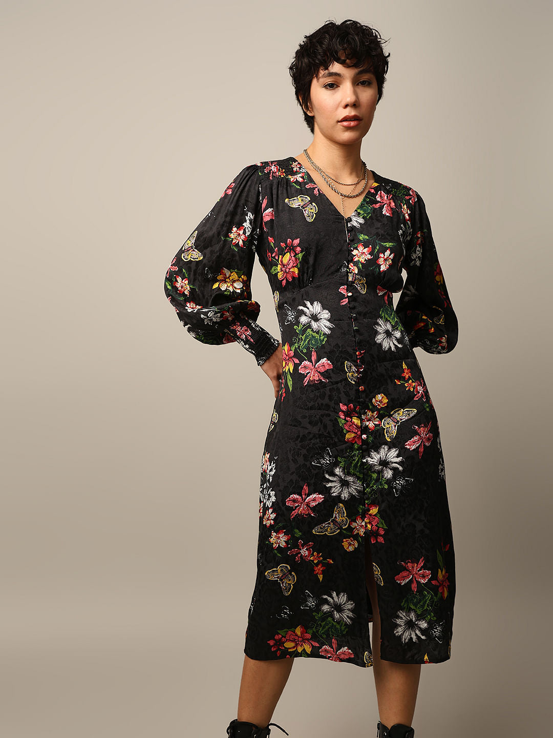 Black Floral Jacquard Weave Midi Dress