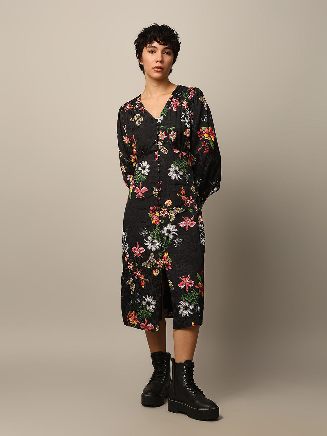 Black Floral Jacquard Weave Midi Dress