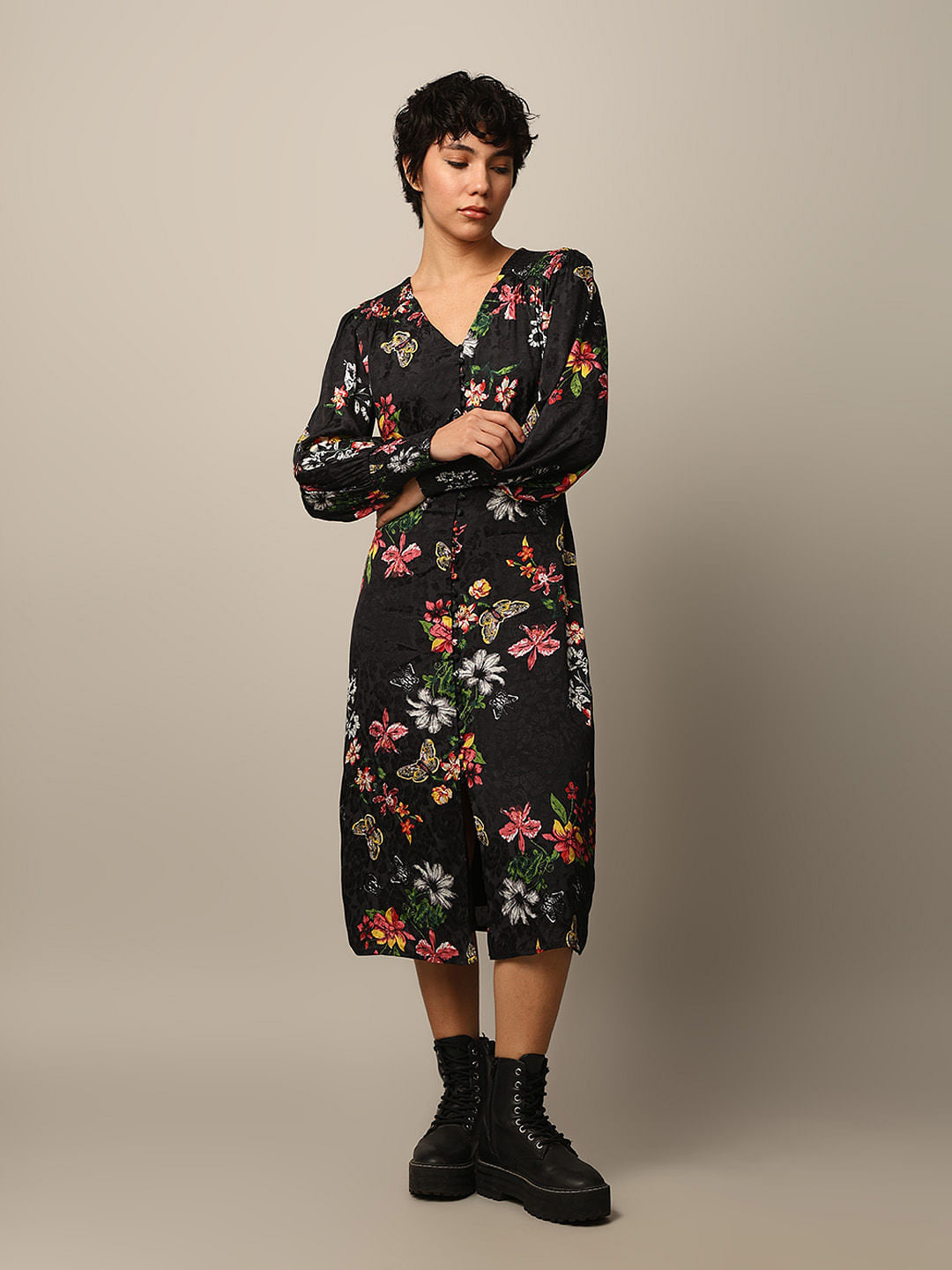 Black Floral Jacquard Weave Midi Dress