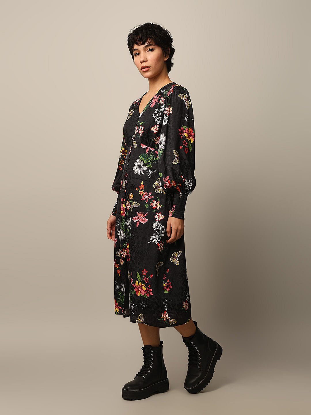 Black Floral Jacquard Weave Midi Dress