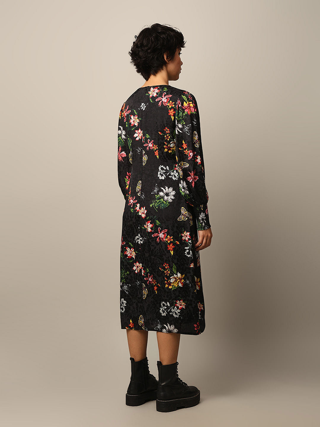 Black Floral Jacquard Weave Midi Dress