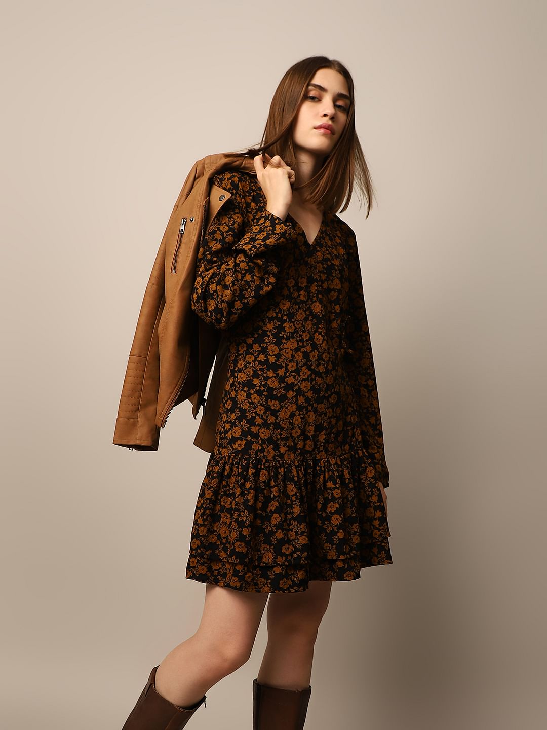 Black Floral Print Detail Dress