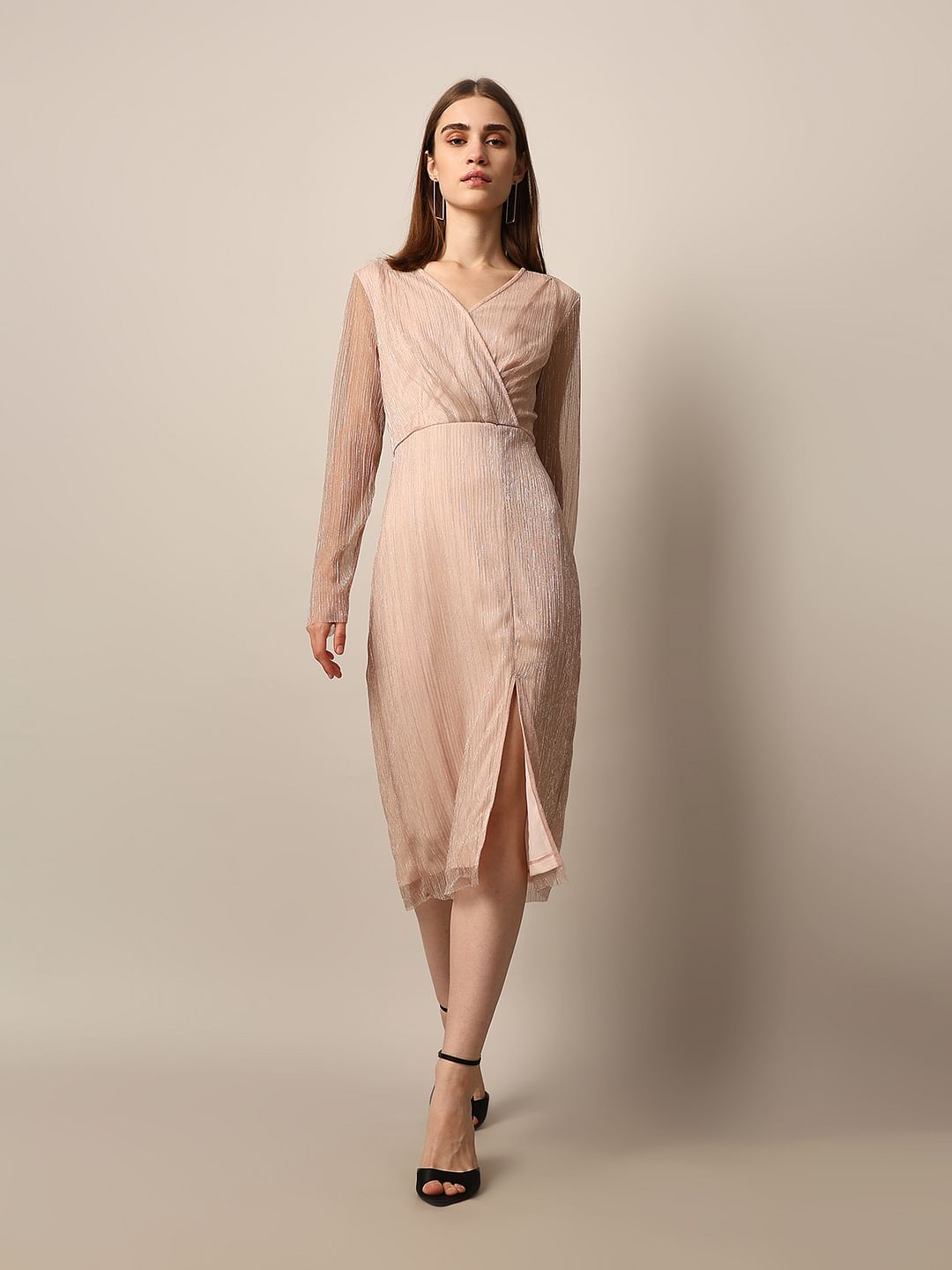 Peach Pink V-Neck Midi Dress
