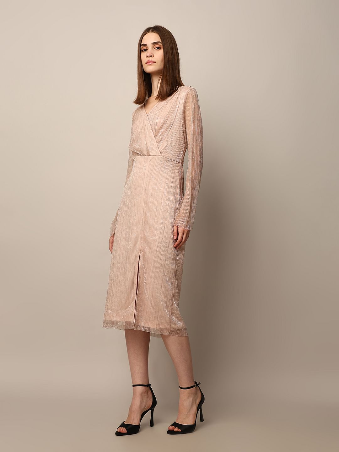 Peach Pink V-Neck Midi Dress
