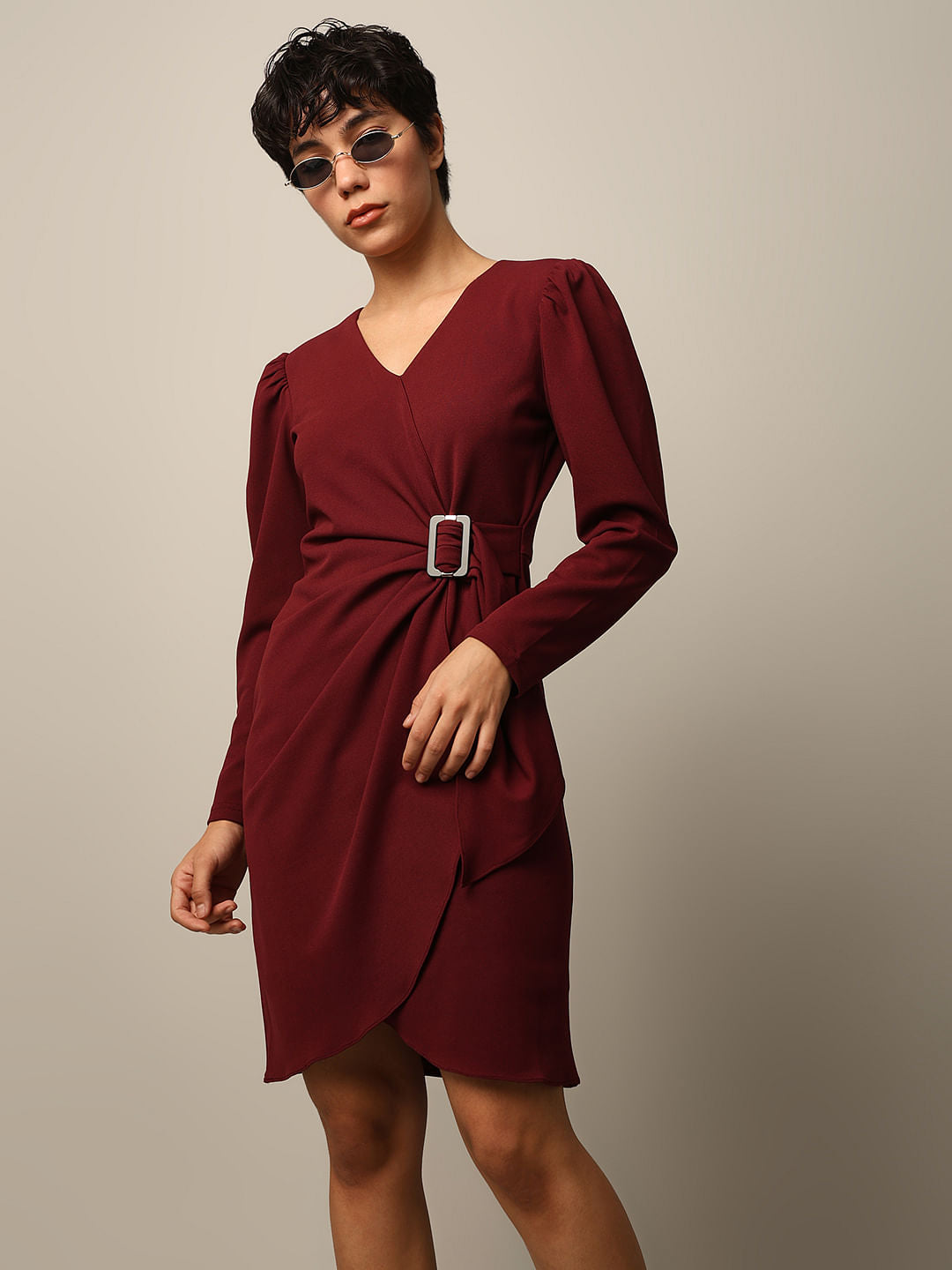 maroon long sleeve wrap dress Maroon Wrap Dress
