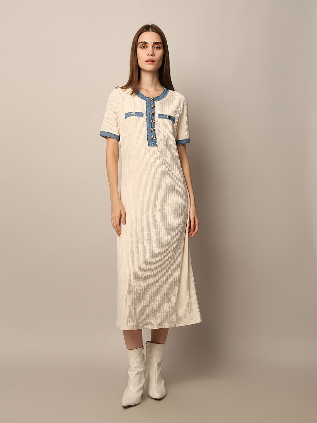 Beige Fancy Button Dress