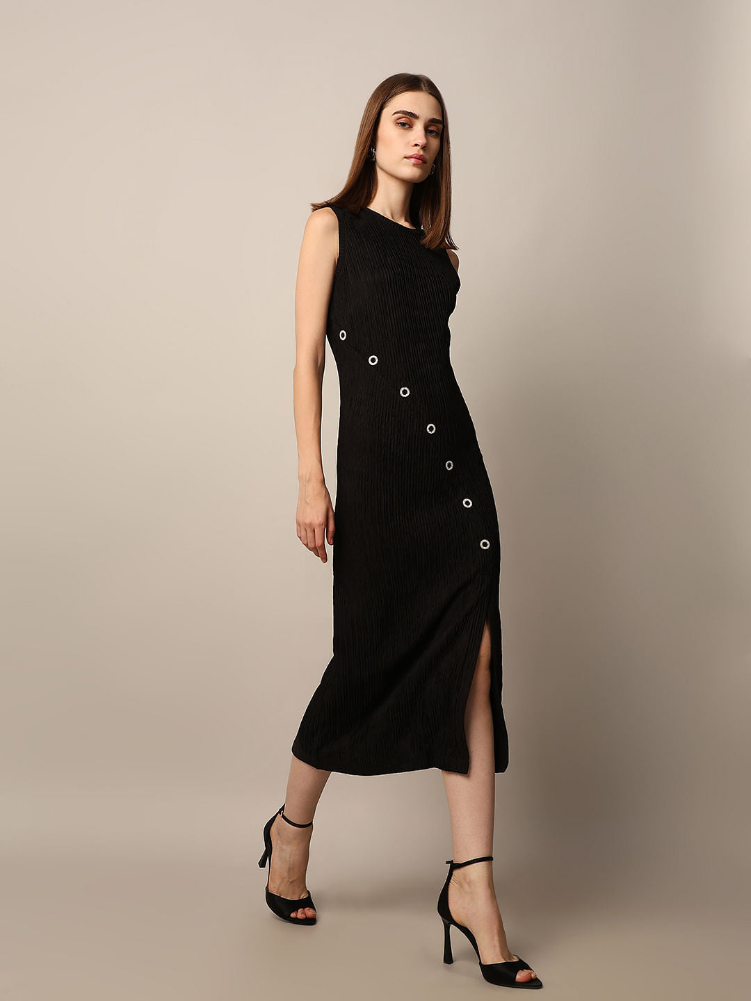 Black Textured Slit Hem Dress
