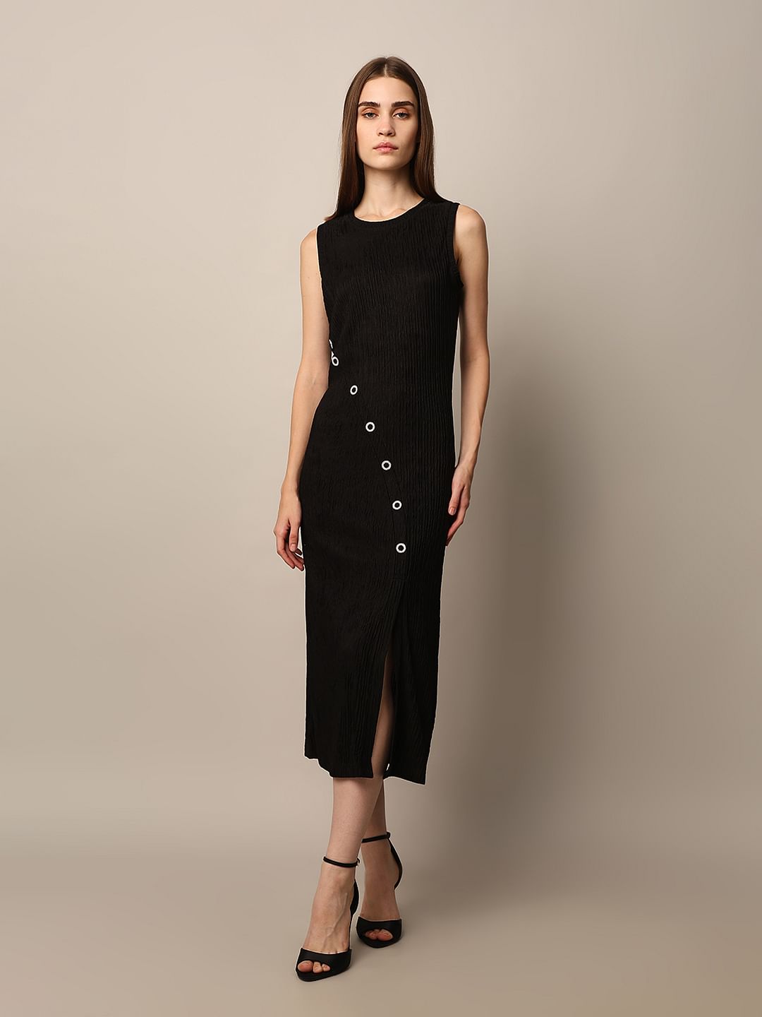 Black Textured Slit Hem Dress