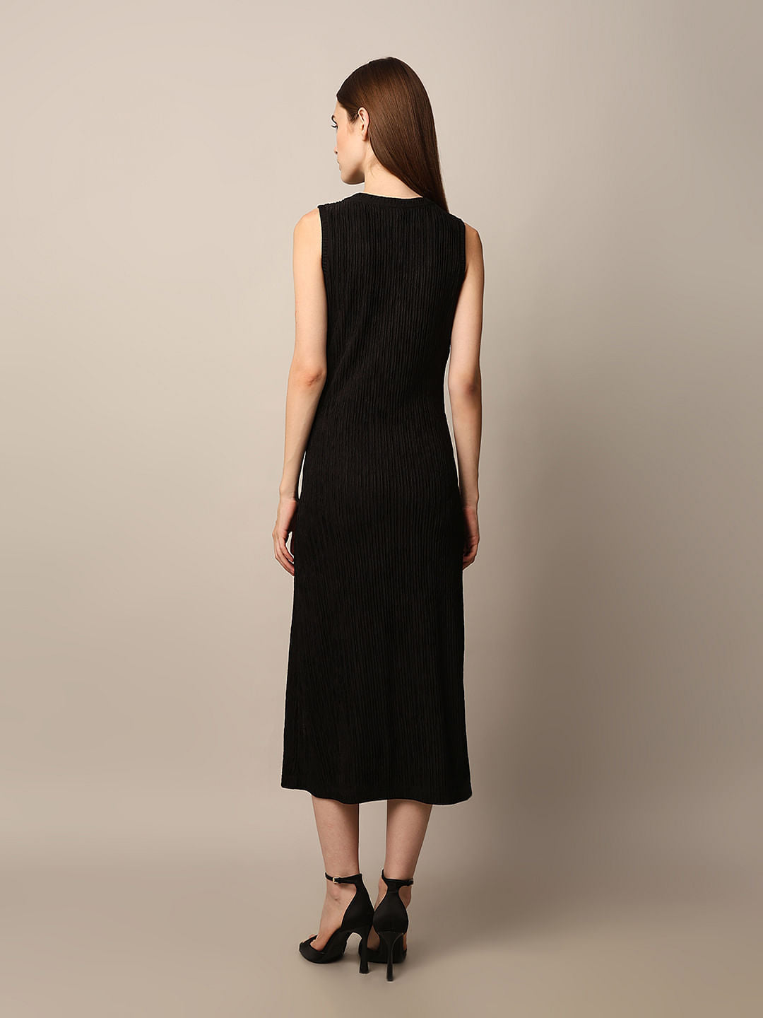 Black Textured Slit Hem Dress