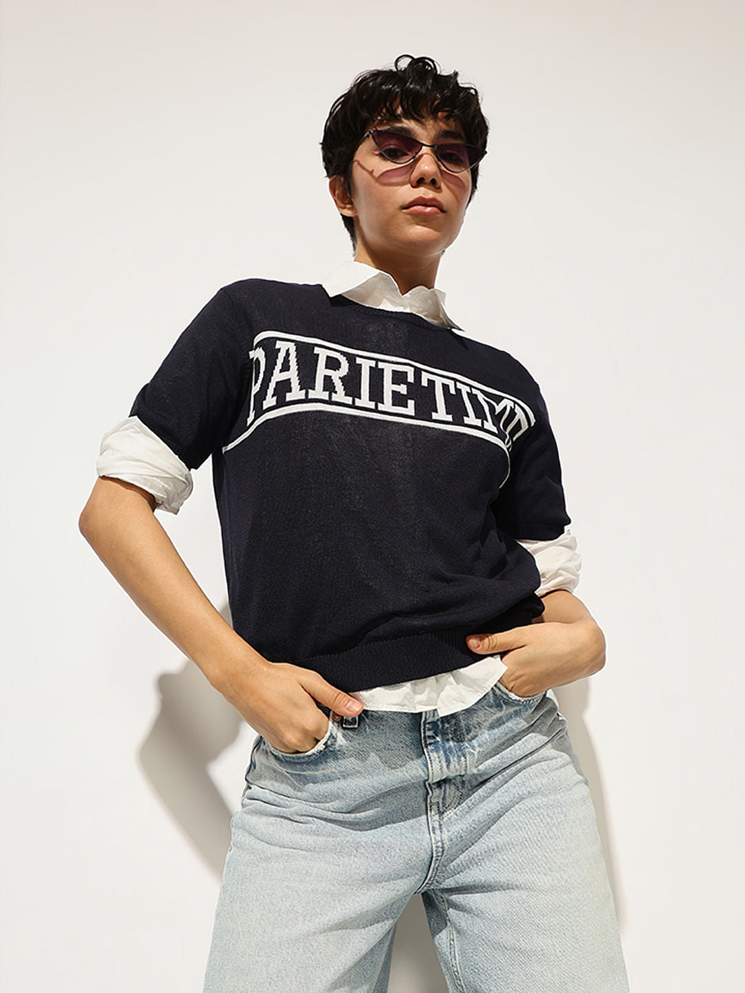 Navy Sheer Knit Printed Pullover