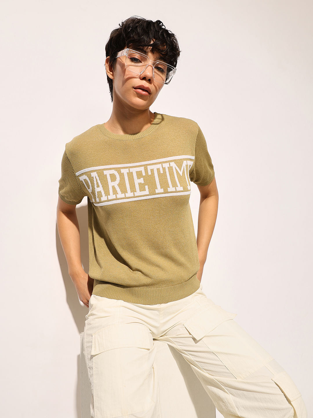 Khaki Sheer Knit Printed Pullover