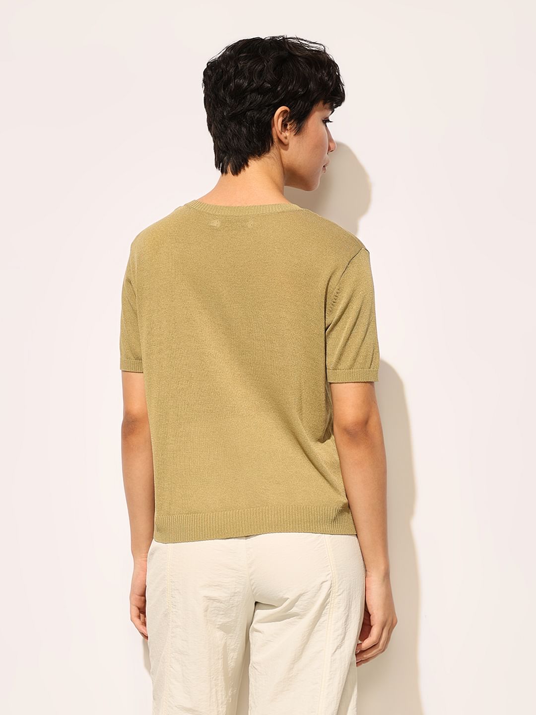 Khaki Sheer Knit Printed Pullover