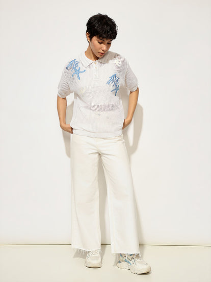 White Crochet Embroidered Polo