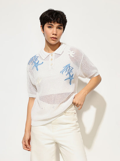 White Crochet Embroidered Polo