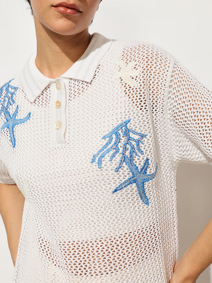 White Crochet Embroidered Polo